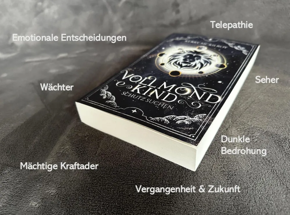 Zweiteil der Buchreihe „Vollmondkind“ mit dem Titel „Schutz suchen“, abgebildet auf einem grauen Hintergrund, umgeben von Themen wie Telepathie, Seher, dunkle Bedrohung, Vergangenheit & Zukunft, mächtige Kraftader, Wächter und emotionale Entscheidungen.