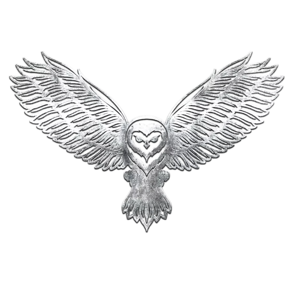 Metallisch-silberne Eule aus dem Buch „Vollmondkind“, Symbol der Weisheit, Intuition und nächtlichen Führung auf der Reise des Mädchens unter dem Vollmond.