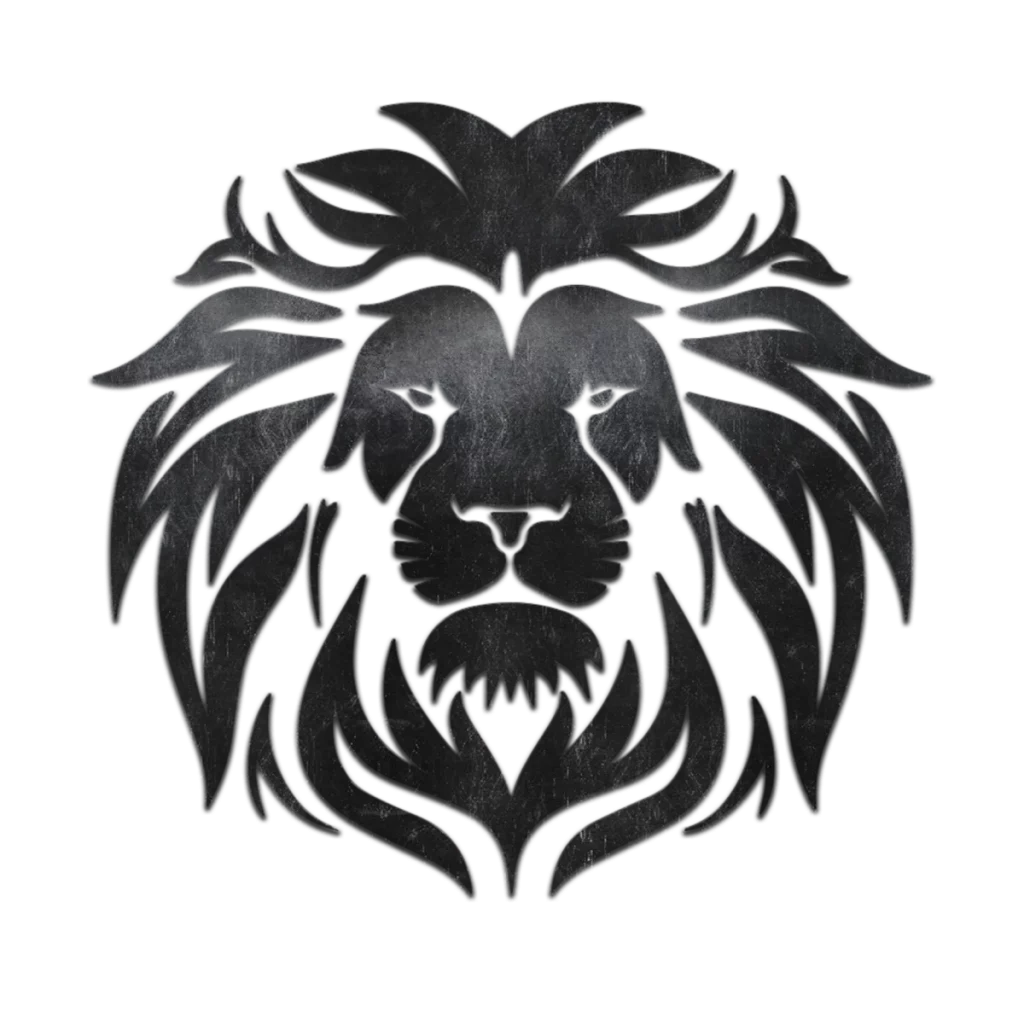 Schwarzes stilisiertes Löwenmotiv als Symbol der Kraft, des Mutes und der spirituellen Verbindung im Buch „Vollmondkind“.
