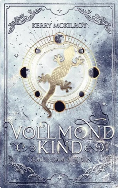 Buchcover von „Vollmondkind – Gemeinsam bleiben“ mit einer leuchtenden Eidechse und goldener Mondphase