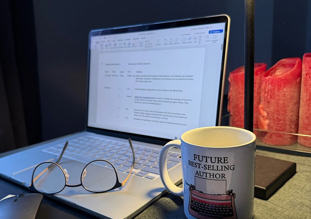 Schreib-Setup mit Laptop, Kaffeetasse und Brille