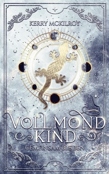Buchcover von „Vollmondkind – Gemeinsam bleiben“ mit einer leuchtenden Eidechse und goldener Mondphase